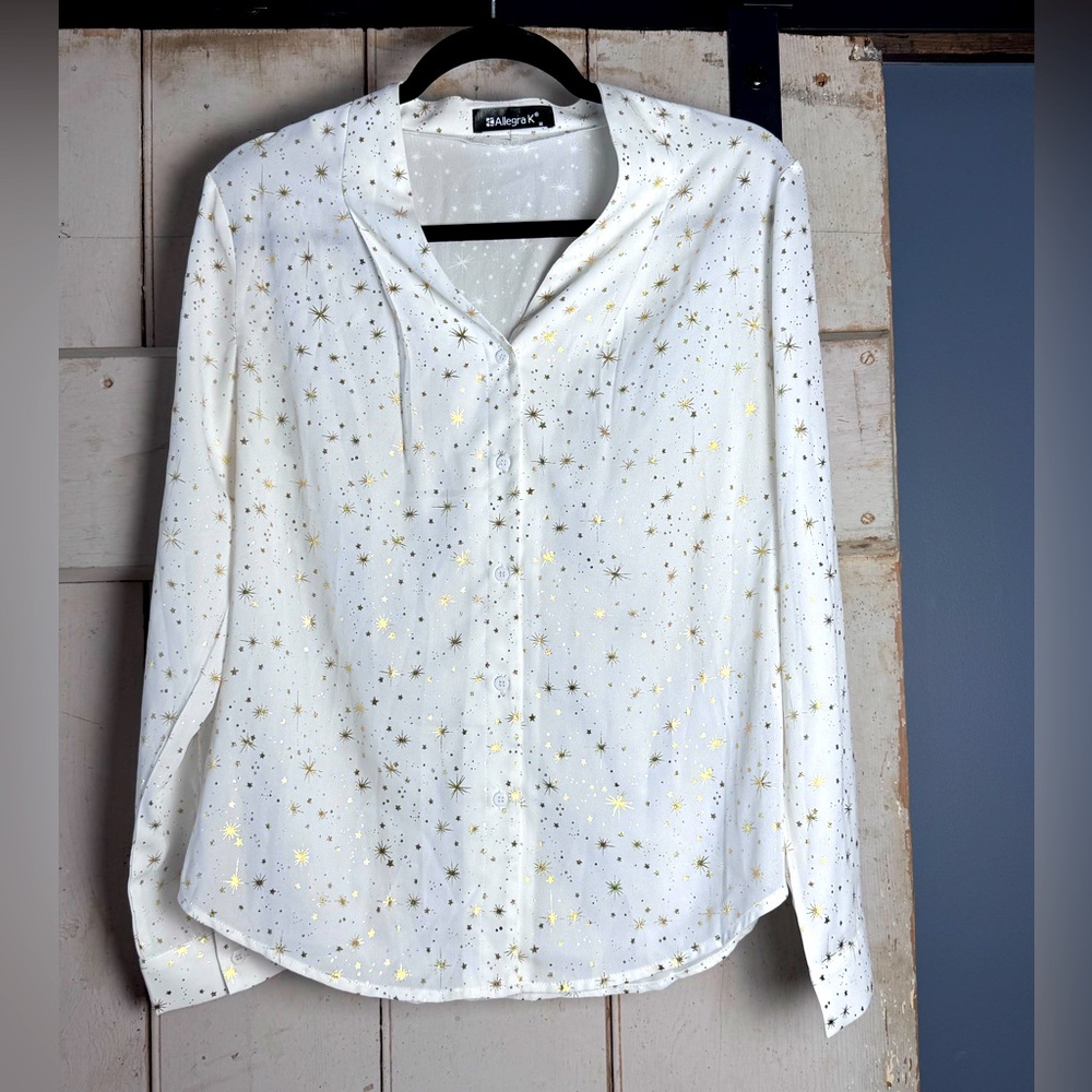 Allegra K Women’s Size Med Long Sleeve Sheer Cream Blouse With Gold Stars ✨